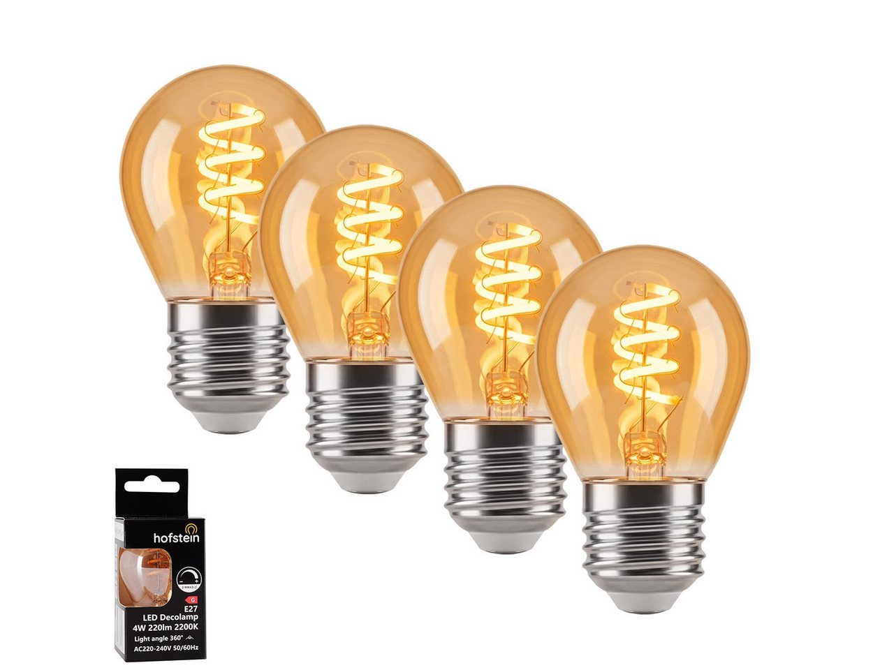 hofstein LED-Leuchtmittel 4er Set Glühbirne Extra Warmweiß dimmbar 4 Watt, E27, 2200 Kelvin, 220 Lumen, Kerze, Filament Spirale, Amber