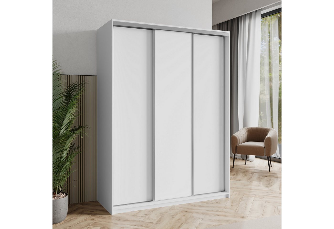 Masseno Schwebetürenschrank NISSE 150 cm Kleiderschrank 3 Türen und 4 Schubladen Weiß