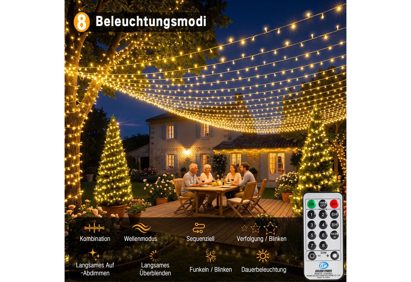 skelo LED-Lichterkette Lichterkette Außen Weihnachtsbaum Lichterkette Outdoor mit Timer, 300-flammig, Lichterkette innen mit Fernbedienung, 8 Modi mit Stecker Garten Balkon Bild 3