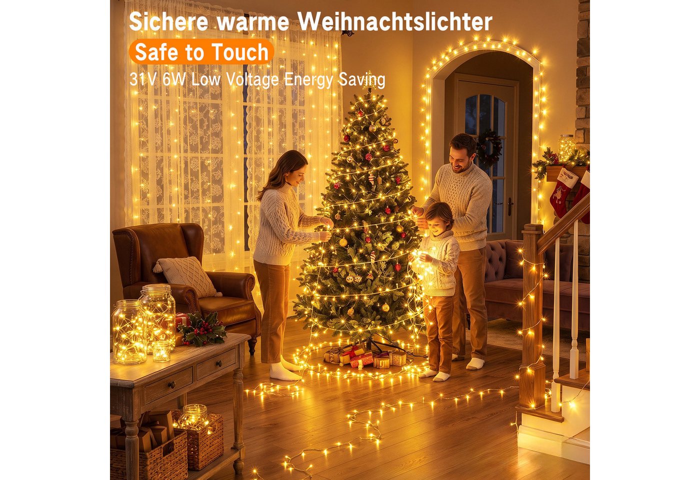 skelo LED-Lichterkette Lichterkette Außen Weihnachtsbaum Lichterkette Outdoor mit Timer, 300-flammig, Lichterkette innen mit Fernbedienung, 8 Modi mit Stecker Garten Balkon Bild 4