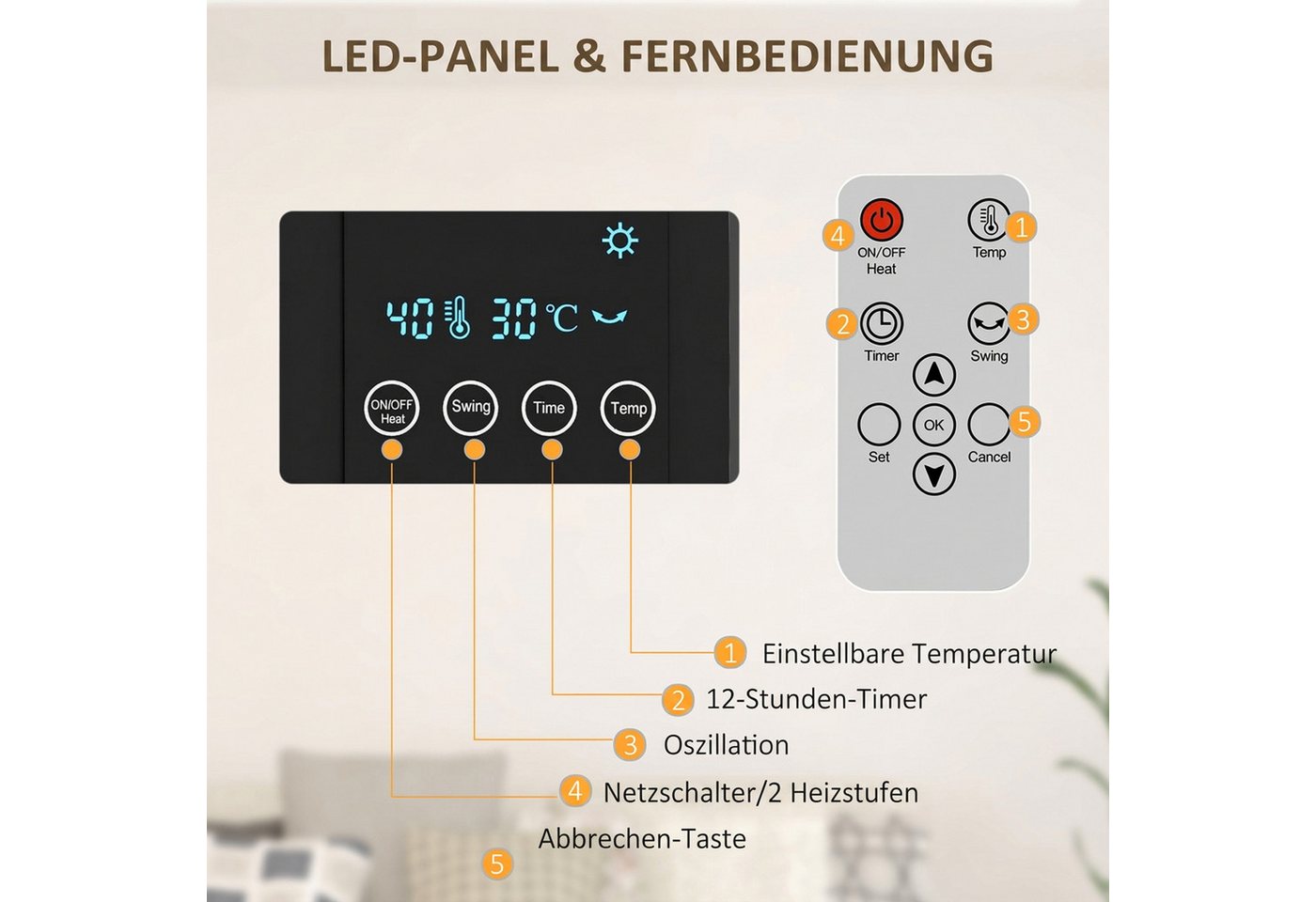 HOMCOM Heizlüfter Keramik-Wandheizung mit Fernbedienung, 2000 W, für Wohnzimmer, Schlafzimmer, Grau