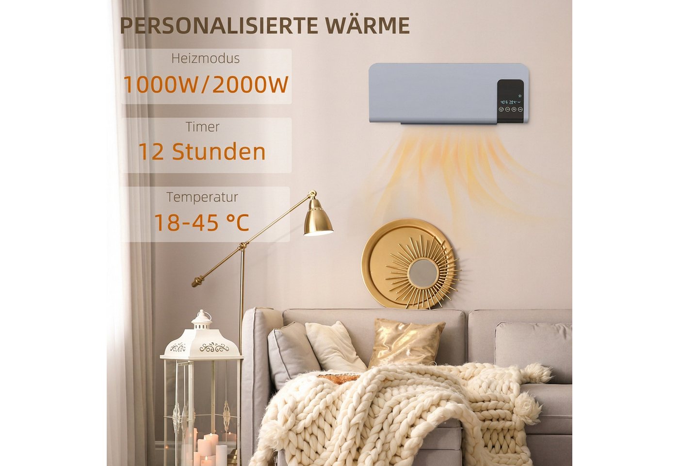HOMCOM Heizlüfter Keramik-Wandheizung mit Fernbedienung, 2000 W, für Wohnzimmer, Schlafzimmer, Grau Bild 2