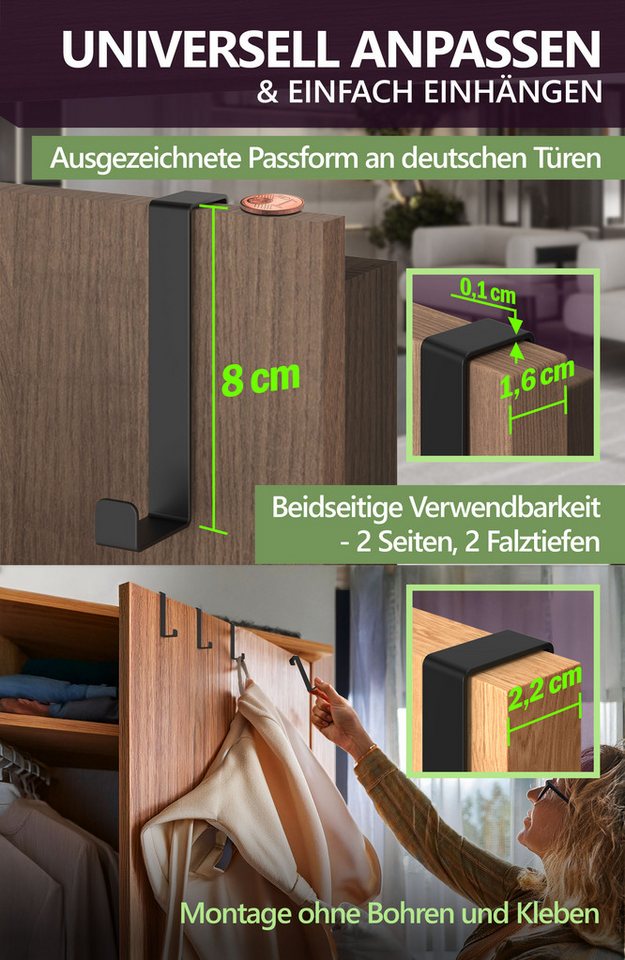 Lindenstein Türhaken Türhaken zum Einhängen 10er Set, Türen, (Packung, 10-St., 10), Bohrfrei, stark, langlebig, rostfrei, verformungsfest