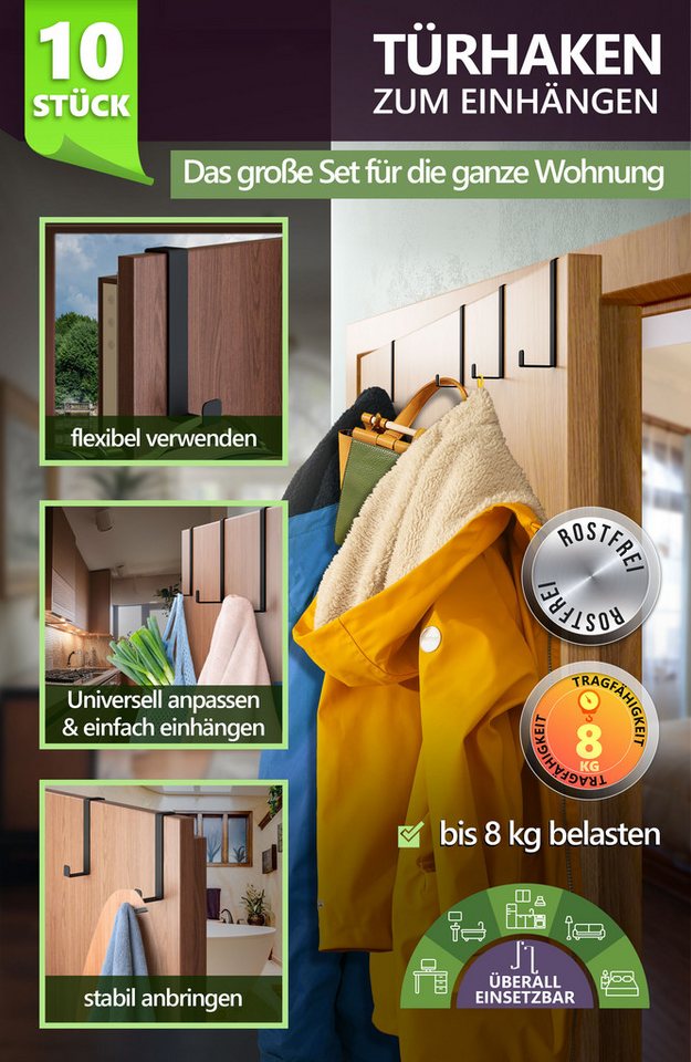Lindenstein Türhaken Türhaken zum Einhängen 10er Set, Türen, (Packung, 10-St., 10), Bohrfrei, stark, langlebig, rostfrei, verformungsfest Bild 4