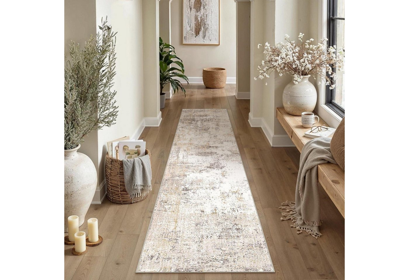 LuxusKollektion Läufer Läufer Flur Teppich Beige/Grau 80x300cm waschbar, rechteckig, Höhe: 5 mm