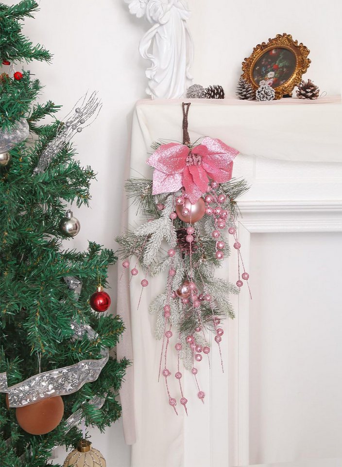 CLTYQ Dekokranz Tropfenförmiger Weihnachtskranz, zum Aufhängen, als Türdekoration, mit Glitzerschleife, Tannenzapfen und Tropfenform Bild 5