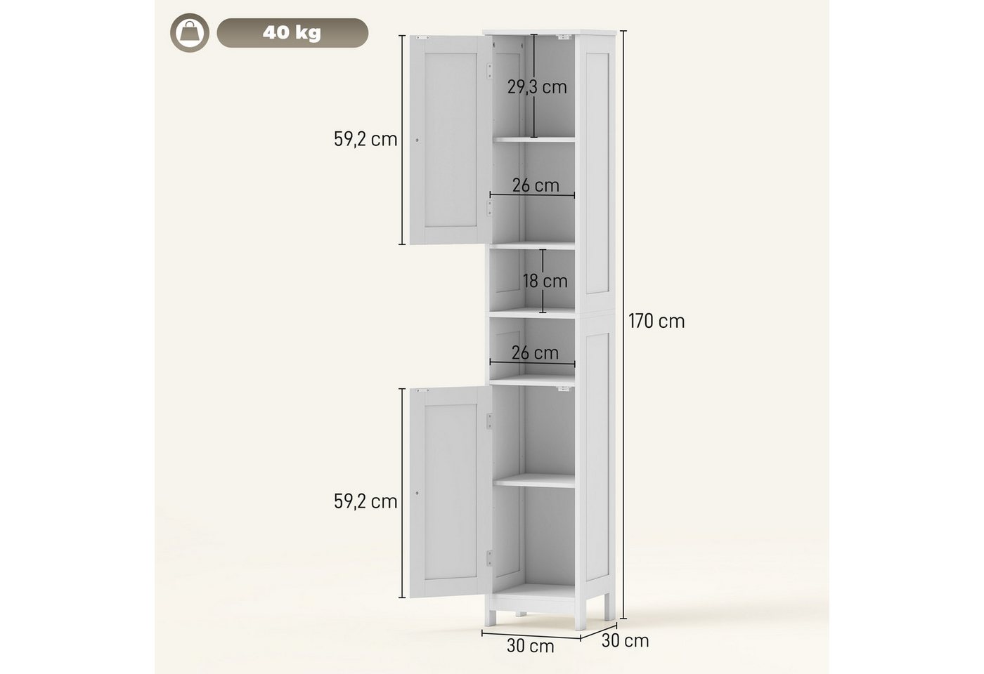 HOMCOM Badkommode Badschrank hoch mit 2 Türen, Verstellbare Regale 30x30x170cm (Badkommode, 1 St., Hochschrank), für Badezimmer, Weiß Bild 2