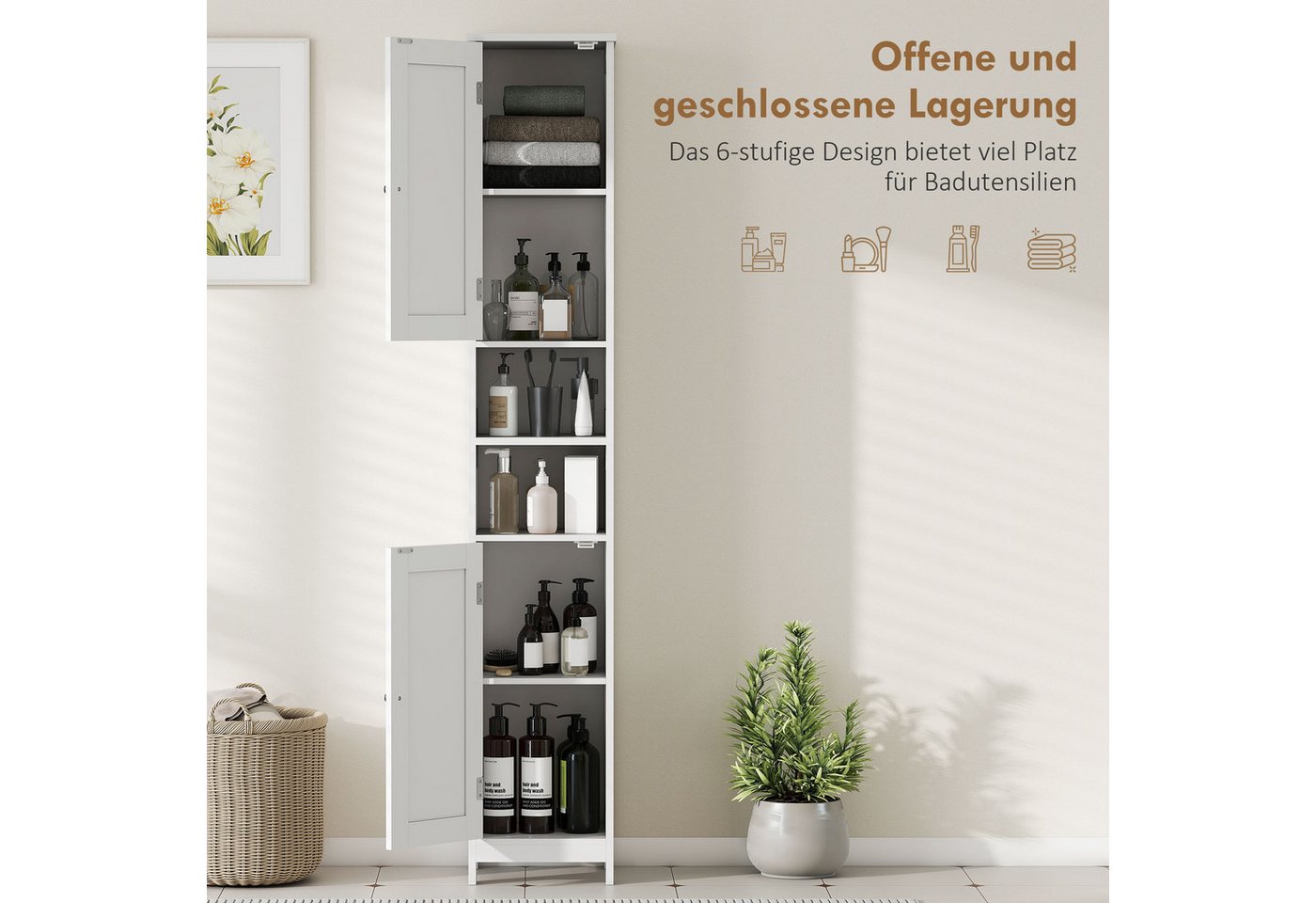 HOMCOM Badkommode Badschrank hoch mit 2 Türen, Verstellbare Regale 30x30x170cm (Badkommode, 1 St., Hochschrank), für Badezimmer, Weiß Bild 3