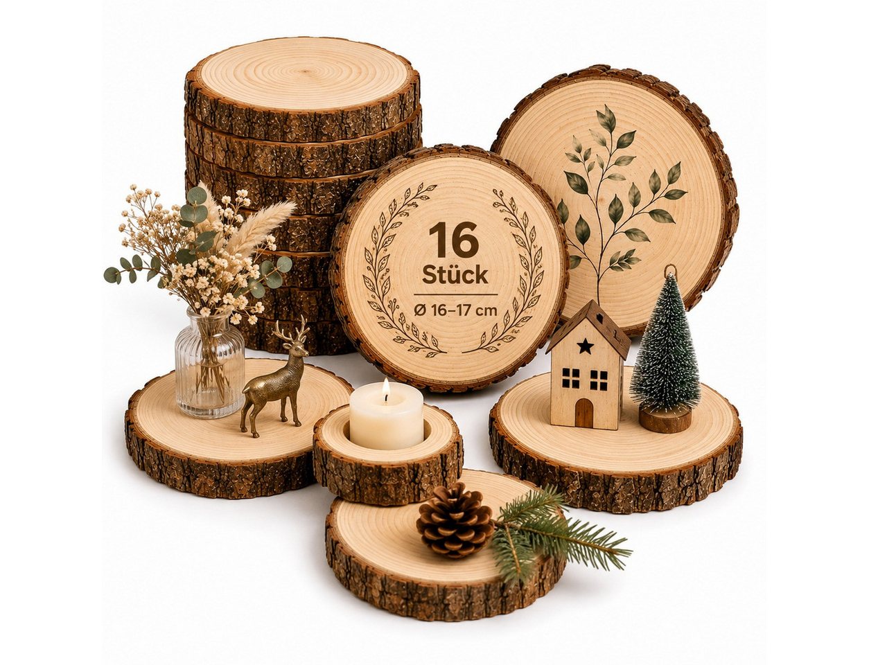 lindahandel Rindenscheiben Holzscheiben 16–17 cm, Dicke 15 mm, Kiefer Baumscheiben ungebohrt, (16-tlg), ideal für individuelle DIY Dekorationen,Untersetzer,und Bastelprojekte Bild 3