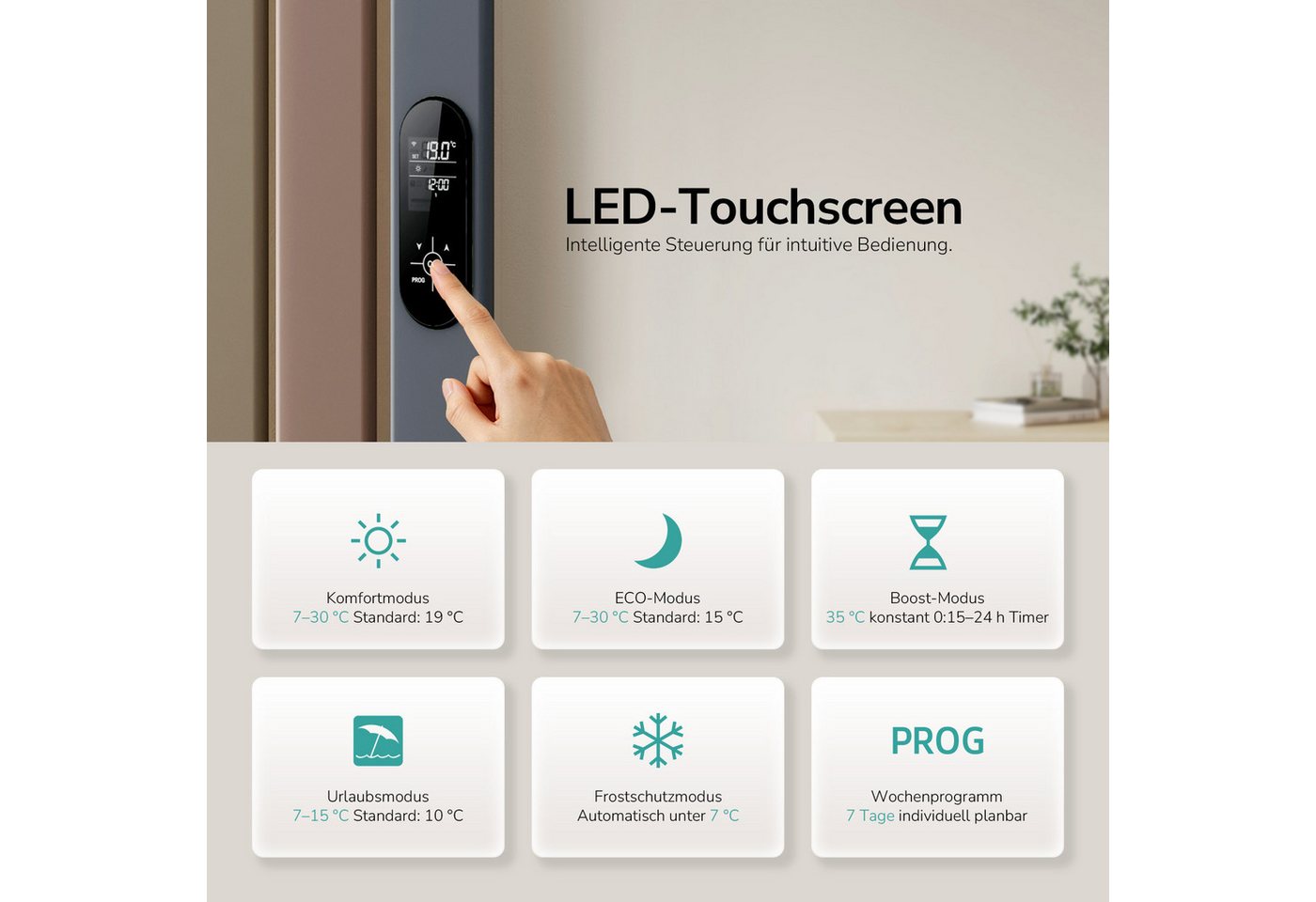 EMKE Elektrischer Badheizkörper Elektroheizkörper mit Thermostat, Smart Home, elektrische Heizung, Elektrischer Heizkörper zur Wandmontage, 7–30 °C, programmierbar Bild 5
