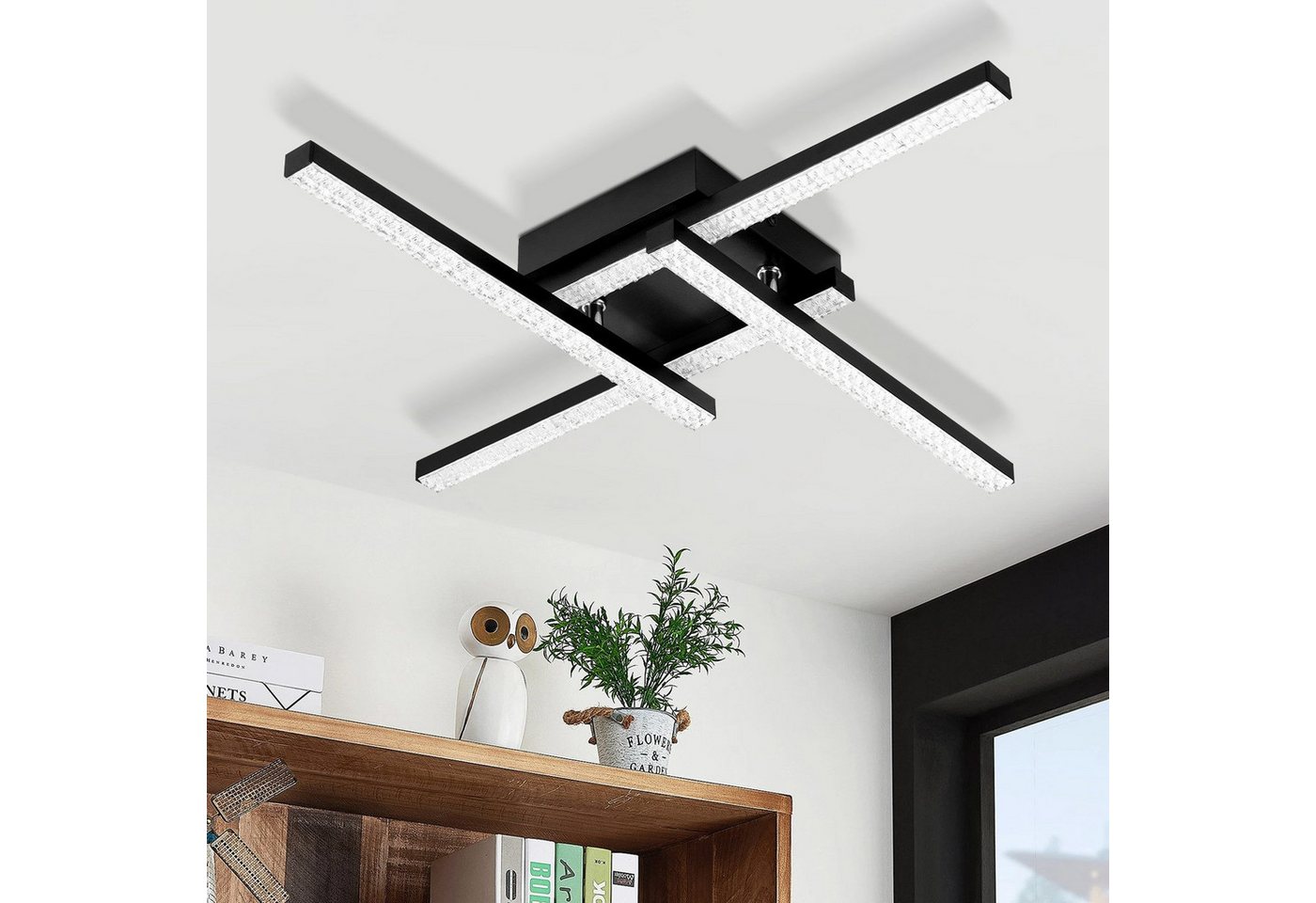 ZMH LED Deckenleuchte Modern, schwarz, 24W, 3000K warmweißes Licht, Kristalllampenschirm, LED fest integriert, Kreuzförmiges Design für Wohnzimmer, Schlafzimmer und Esszimmer