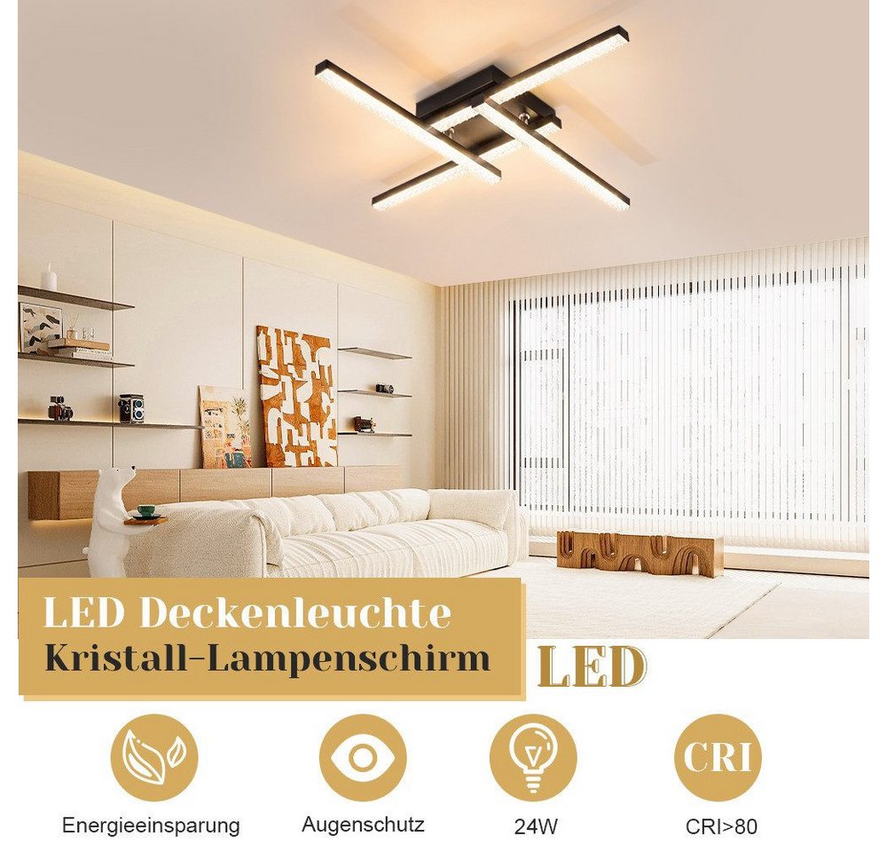 ZMH LED Deckenleuchte Modern, schwarz, 24W, 3000K warmweißes Licht, Kristalllampenschirm, LED fest integriert, Kreuzförmiges Design für Wohnzimmer, Schlafzimmer und Esszimmer Bild 2