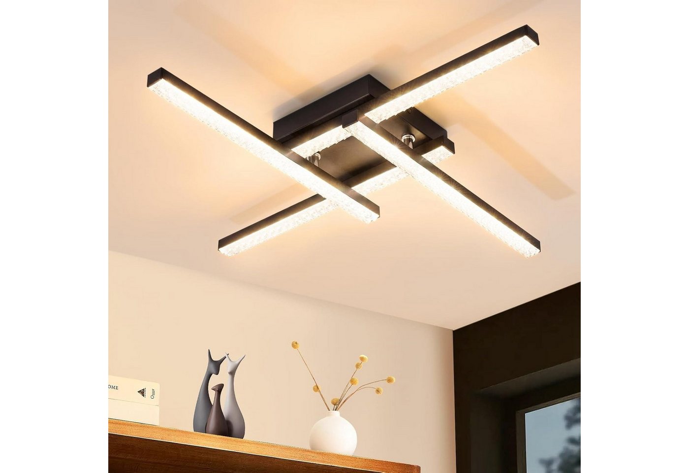 ZMH LED Deckenleuchte Modern, schwarz, 24W, 3000K warmweißes Licht, Kristalllampenschirm, LED fest integriert, Kreuzförmiges Design für Wohnzimmer, Schlafzimmer und Esszimmer Bild 5