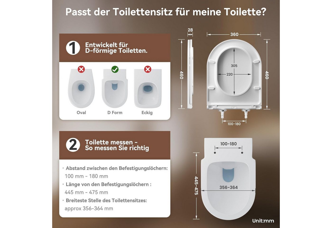 LEMLIT WC-Sitz Toilettendeckel D-Form mit Absenkautomatik, Quick Release (1er Set, 1-St., 46 cm × 36 cm), verstellbare Scharniere, einfache Montage & Reinigung