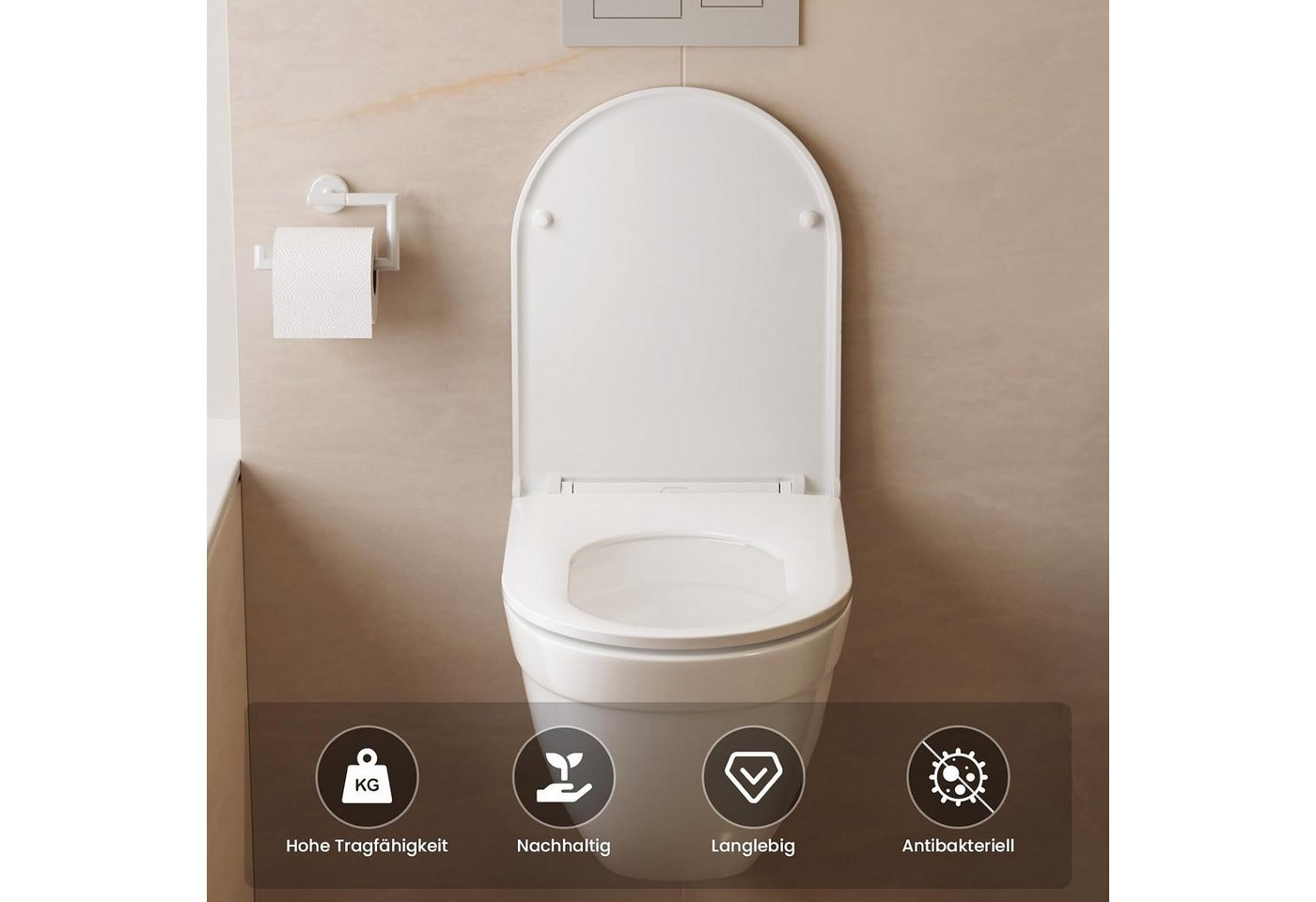 LEMLIT WC-Sitz Toilettendeckel D-Form mit Absenkautomatik, Quick Release (1er Set, 1-St., 46 cm × 36 cm), verstellbare Scharniere, einfache Montage & Reinigung Bild 2
