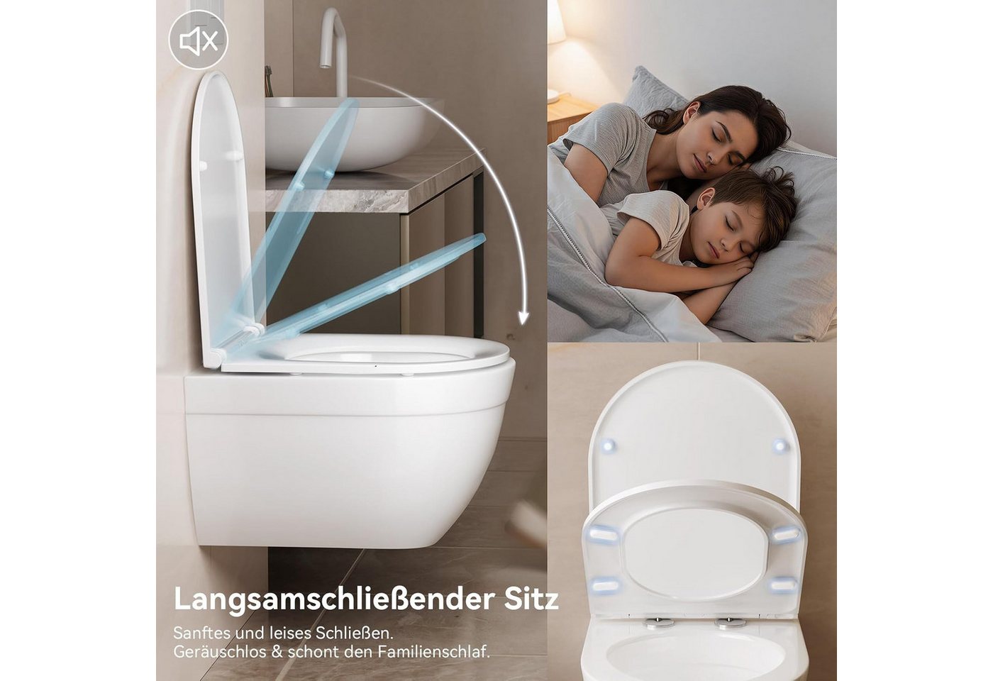LEMLIT WC-Sitz Toilettendeckel D-Form mit Absenkautomatik, Quick Release (1er Set, 1-St., 46 cm × 36 cm), verstellbare Scharniere, einfache Montage & Reinigung Bild 4
