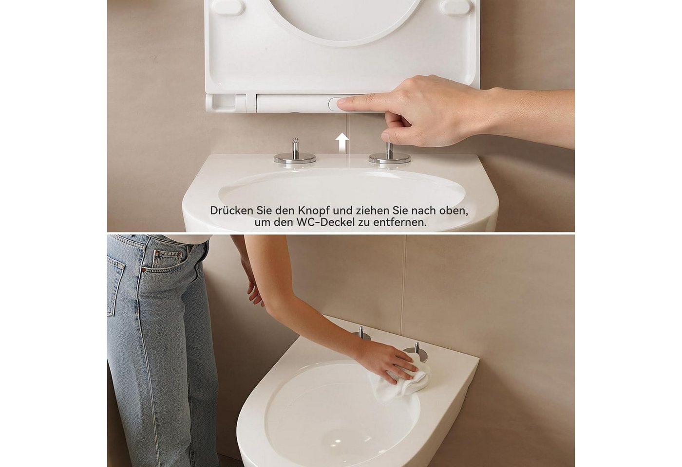 LEMLIT WC-Sitz Toilettendeckel D-Form mit Absenkautomatik, Quick Release (1er Set, 1-St., 46 cm × 36 cm), verstellbare Scharniere, einfache Montage & Reinigung Bild 5