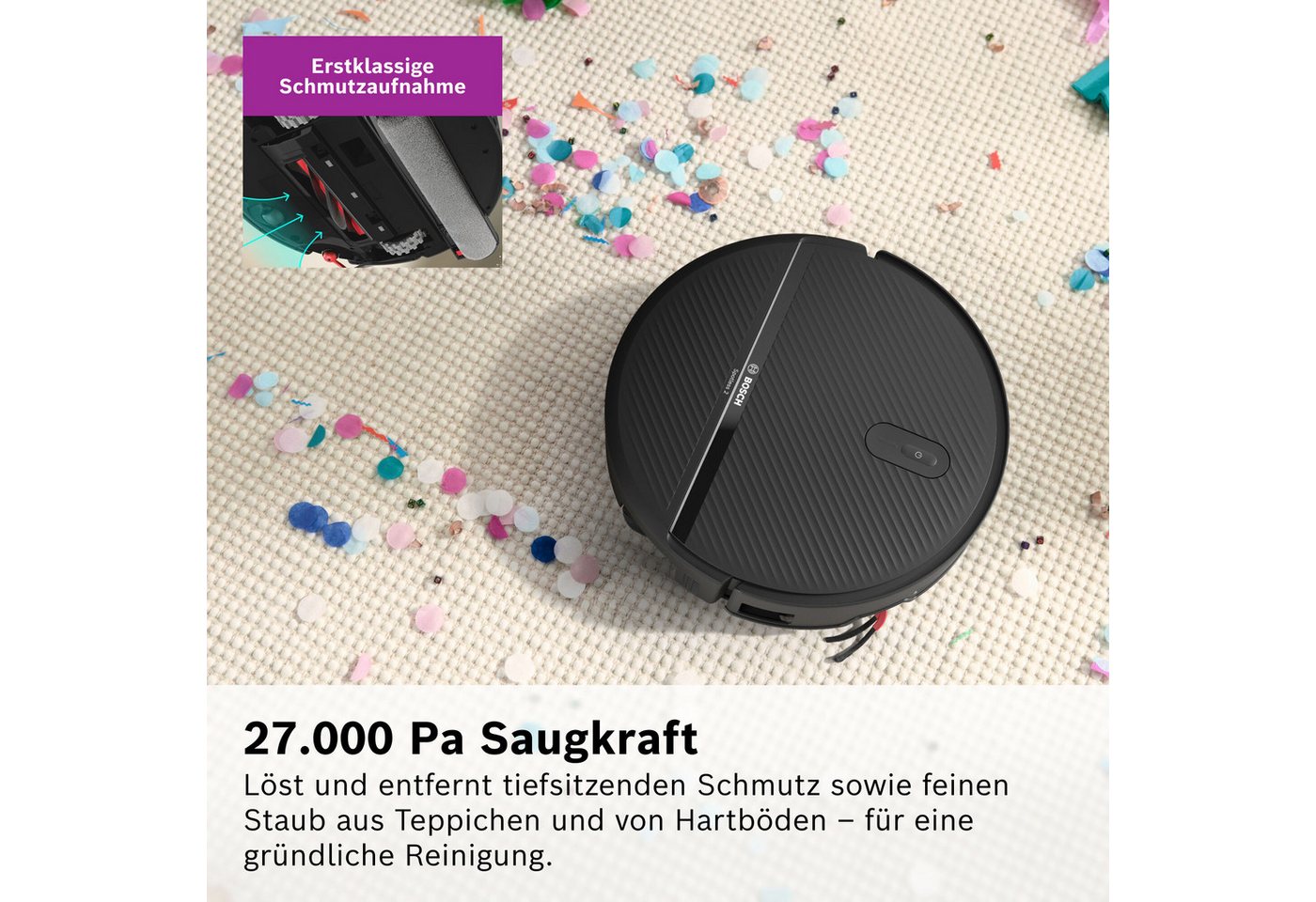 BOSCH Saugroboter mit Wischfunktion Spotless 2 Advanced BCR2S2BX/BCR2S2WX, beutellos, ausfahrbare Wischrolle, 27.000 Pa Saugkraft, smarte Fleckenentfernung