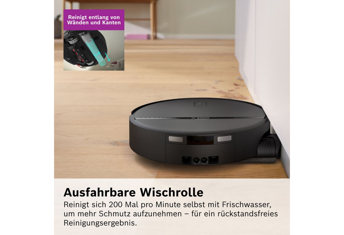 BOSCH Saugroboter mit Wischfunktion Spotless 2 Advanced BCR2S2BX/BCR2S2WX, beutellos, ausfahrbare Wischrolle, 27.000 Pa Saugkraft, smarte Fleckenentfernung Bild 3