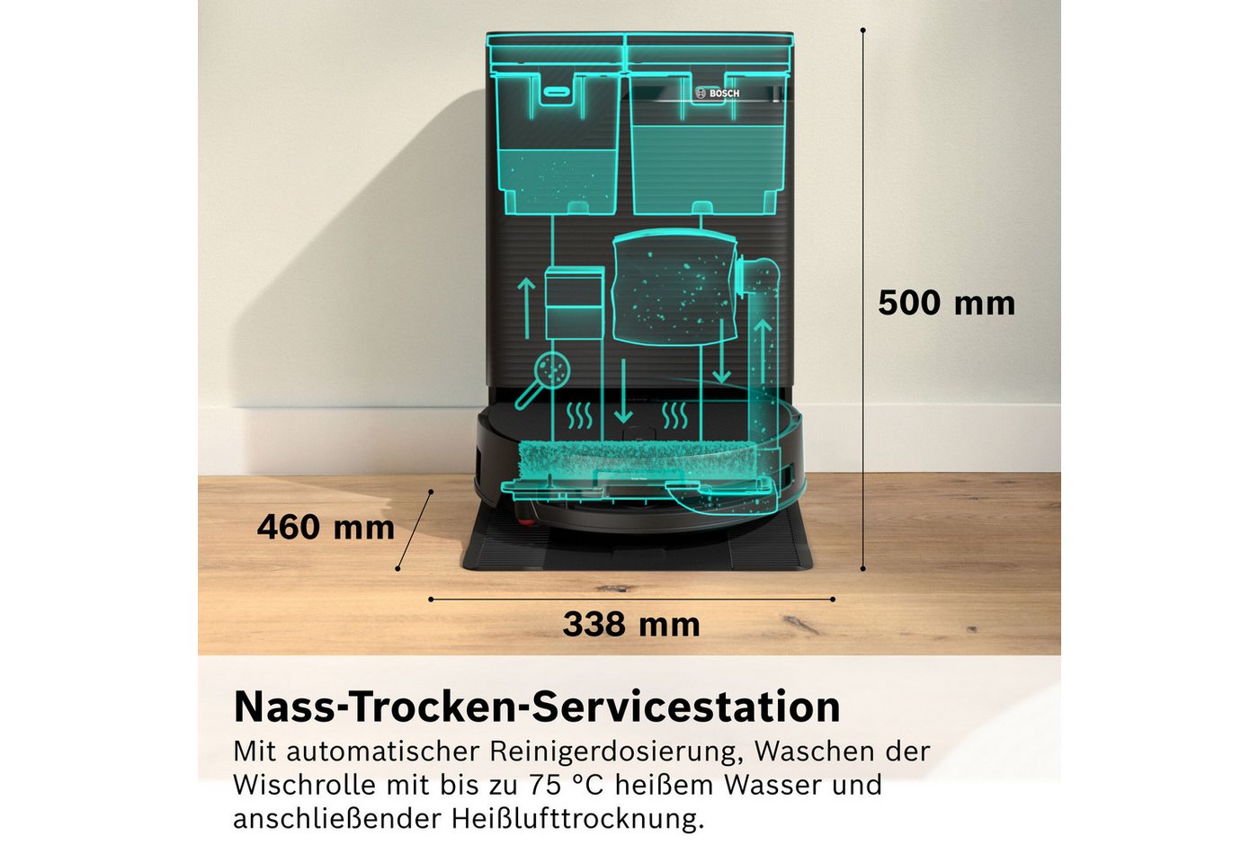 BOSCH Saugroboter mit Wischfunktion Spotless 2 Advanced BCR2S2BX/BCR2S2WX, beutellos, ausfahrbare Wischrolle, 27.000 Pa Saugkraft, smarte Fleckenentfernung Bild 4