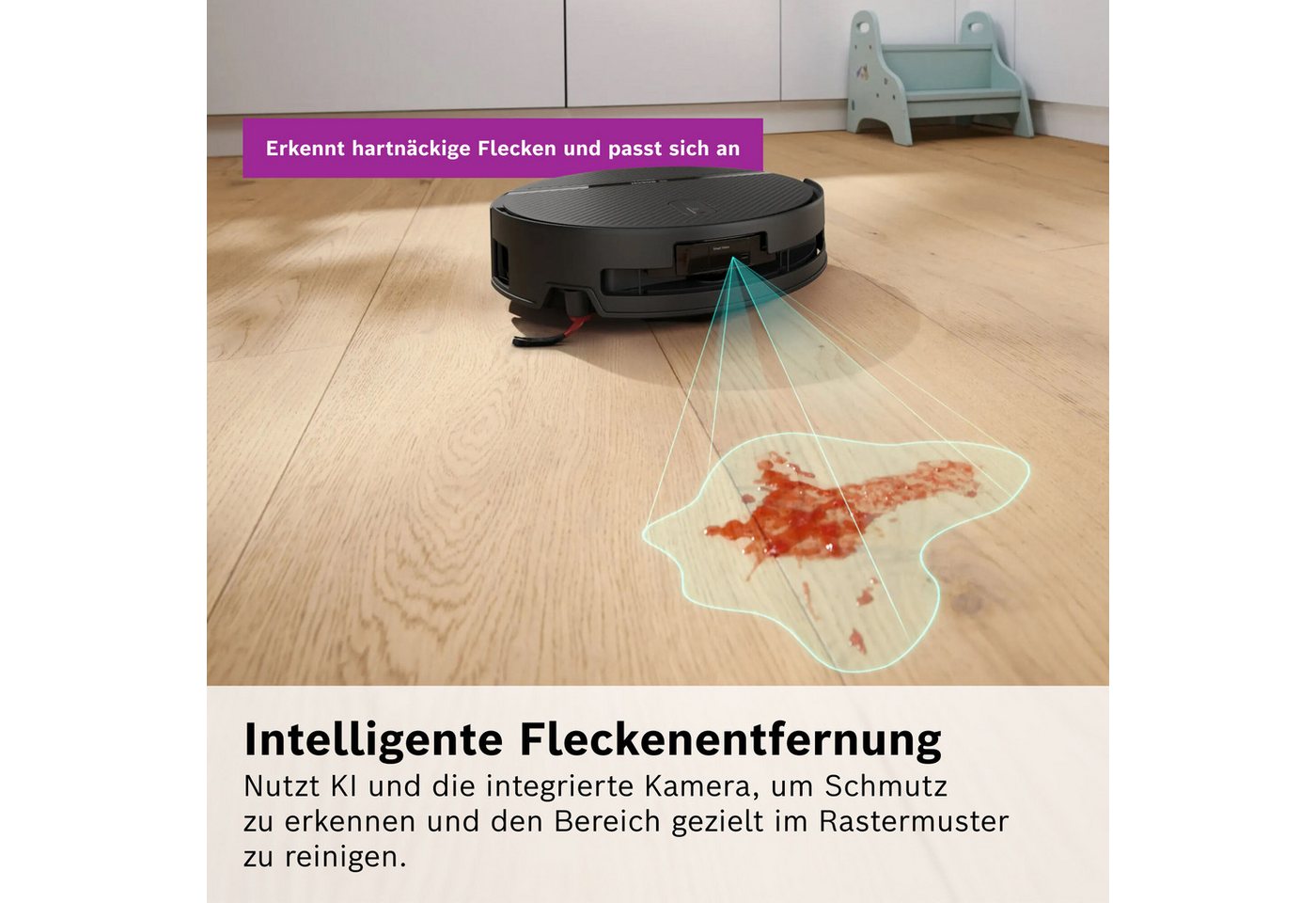 BOSCH Saugroboter mit Wischfunktion Spotless 2 Advanced BCR2S2BX/BCR2S2WX, beutellos, ausfahrbare Wischrolle, 27.000 Pa Saugkraft, smarte Fleckenentfernung Bild 5