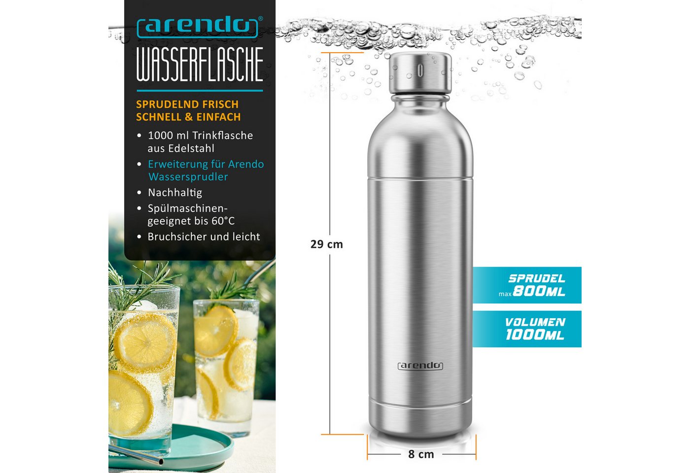 Arendo Wassersprudler Set + 2 Edelstahlflaschen 1L schwarz, (Set, 4-tlg., Soda Maker, PET-Flasche, 2 Edelstahlflaschen à 1 l), Soda Streamer mit Wasserflasche, BPA-frei, fein dosierbar, Carbonator Bild 2