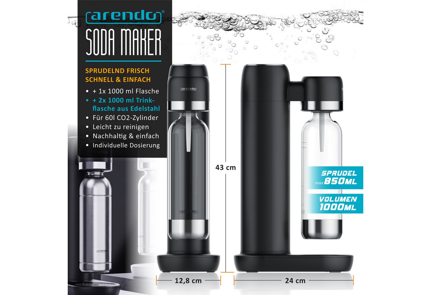Arendo Wassersprudler Set + 2 Edelstahlflaschen 1L schwarz, (Set, 4-tlg., Soda Maker, PET-Flasche, 2 Edelstahlflaschen à 1 l), Soda Streamer mit Wasserflasche, BPA-frei, fein dosierbar, Carbonator Bild 3