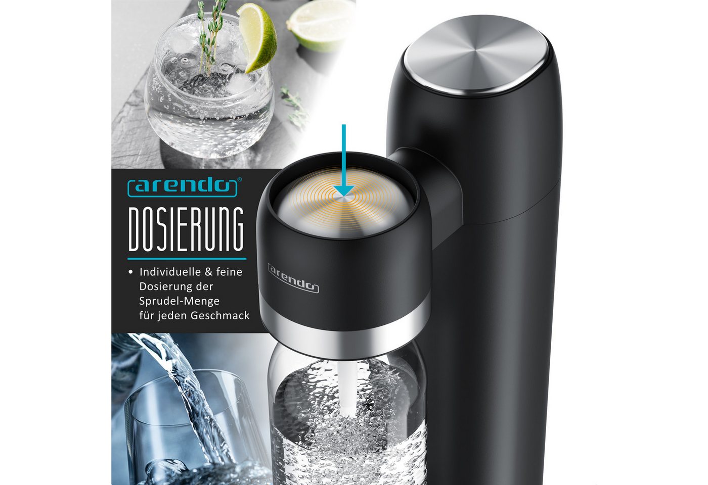 Arendo Wassersprudler Set + 2 Edelstahlflaschen 1L schwarz, (Set, 4-tlg., Soda Maker, PET-Flasche, 2 Edelstahlflaschen à 1 l), Soda Streamer mit Wasserflasche, BPA-frei, fein dosierbar, Carbonator Bild 4