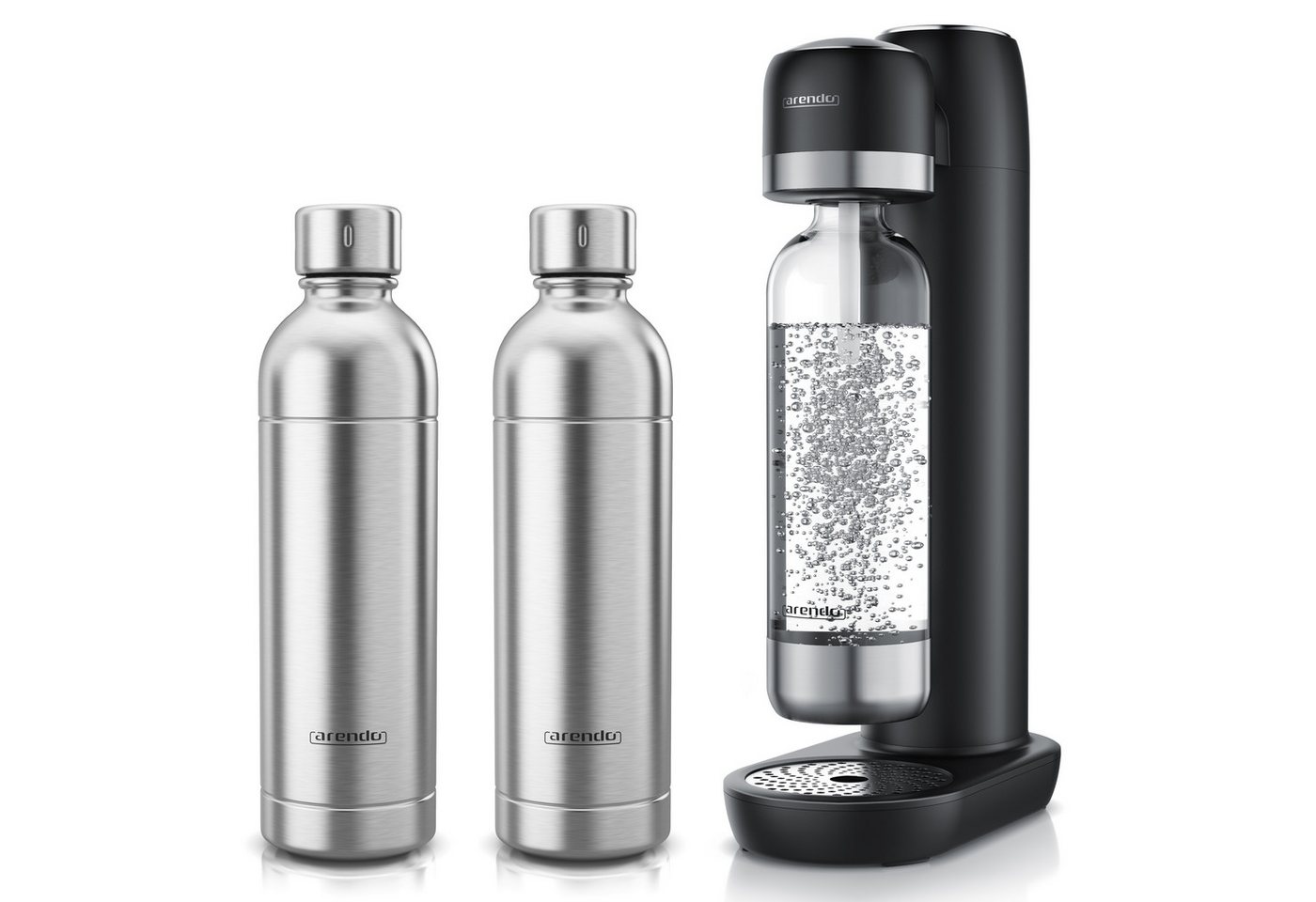 Arendo Wassersprudler Set + 2 Edelstahlflaschen 1L schwarz, (Set, 4-tlg., Soda Maker, PET-Flasche, 2 Edelstahlflaschen à 1 l), Soda Streamer mit Wasserflasche, BPA-frei, fein dosierbar, Carbonator Bild 5