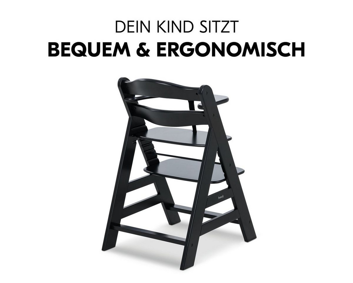 Hauck Tischsitz Alpha Plus - Black, Mitwachsender Holz Babystuhl Kinderhochstuhl mit Gurt FSC zertifiziert