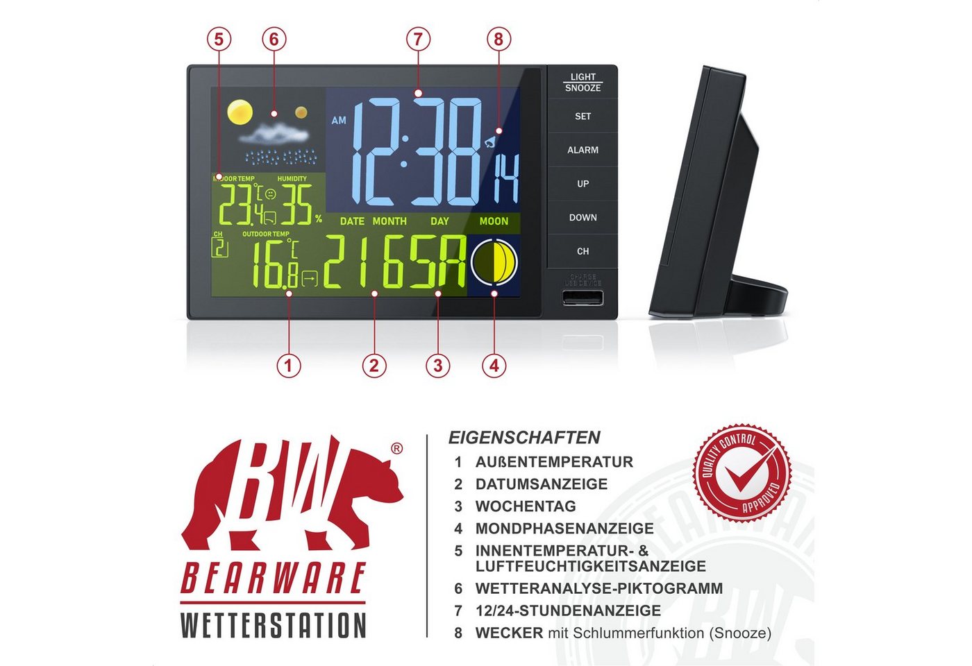 BEARWARE Funk, DCF Funkuhr, mit Farbdisplay, Wireless Funksensor/Außensensor Wetterstation (mit Außensensor, Thermometer, Mondphasen, Luftfeuchtigkeit, Wettervorhersage usw) Bild 2