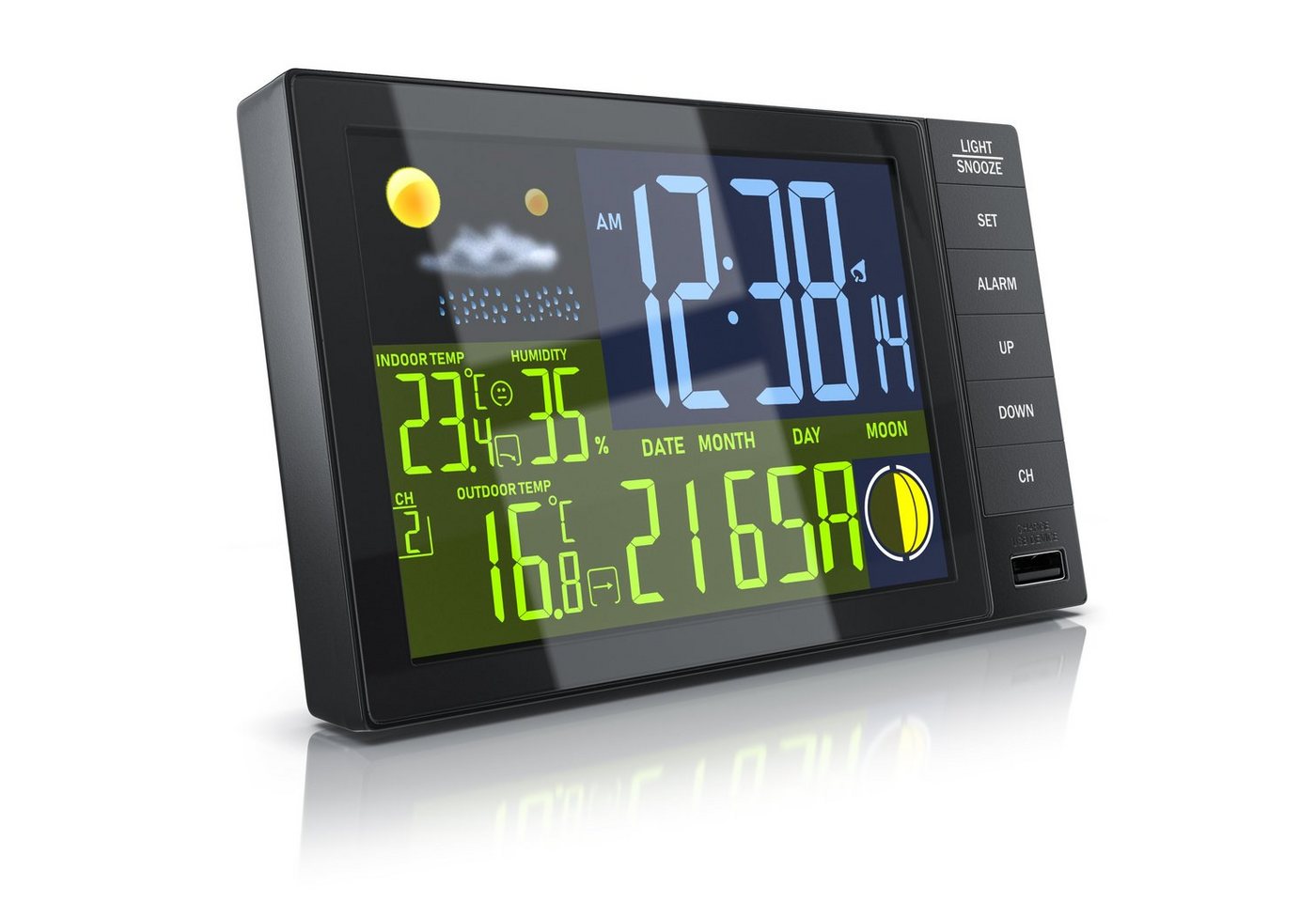 BEARWARE Funk, DCF Funkuhr, mit Farbdisplay, Wireless Funksensor/Außensensor Wetterstation (mit Außensensor, Thermometer, Mondphasen, Luftfeuchtigkeit, Wettervorhersage usw) Bild 3