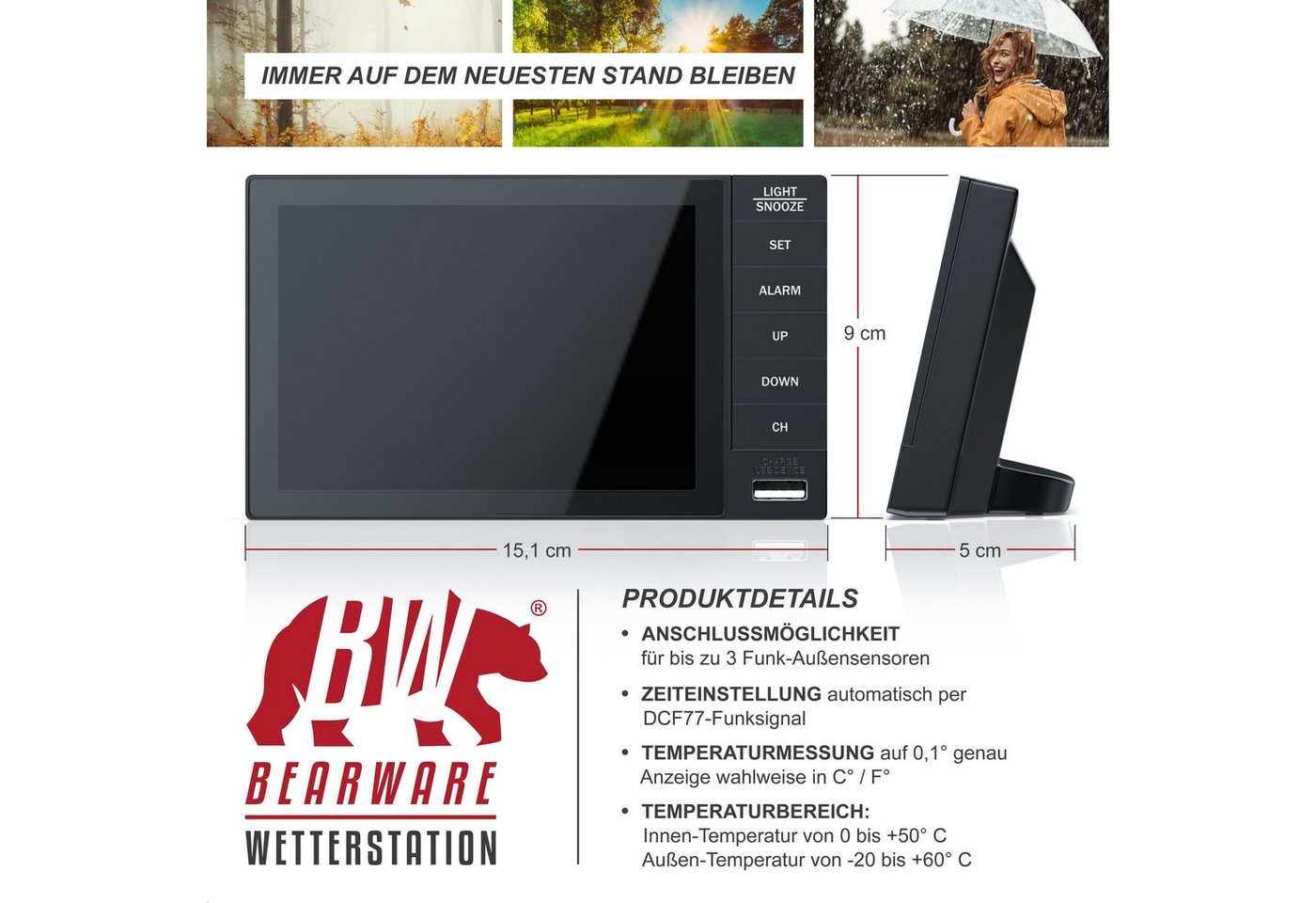 BEARWARE Funk, DCF Funkuhr, mit Farbdisplay, Wireless Funksensor/Außensensor Wetterstation (mit Außensensor, Thermometer, Mondphasen, Luftfeuchtigkeit, Wettervorhersage usw) Bild 4