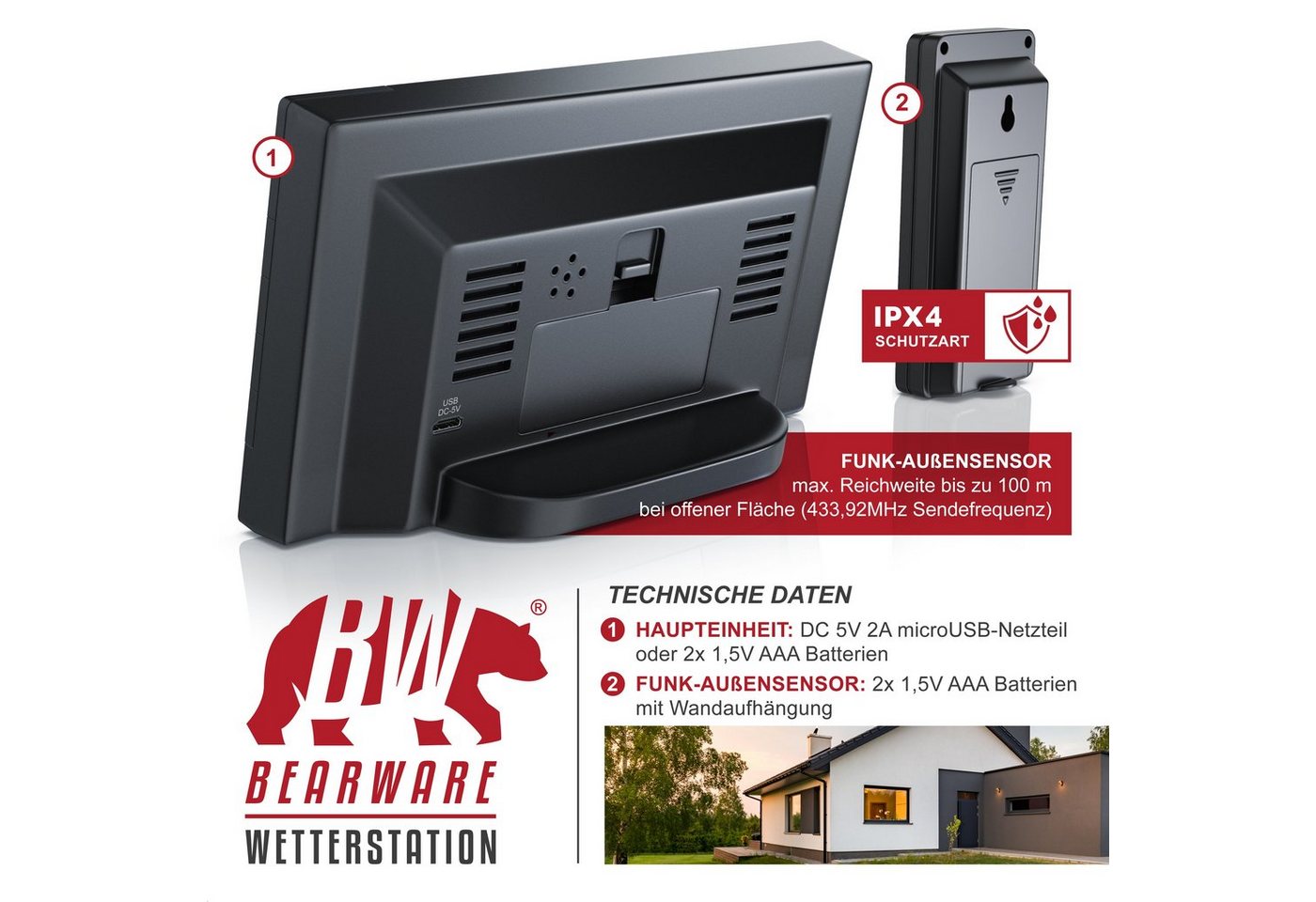 BEARWARE Funk, DCF Funkuhr, mit Farbdisplay, Wireless Funksensor/Außensensor Wetterstation (mit Außensensor, Thermometer, Mondphasen, Luftfeuchtigkeit, Wettervorhersage usw) Bild 5