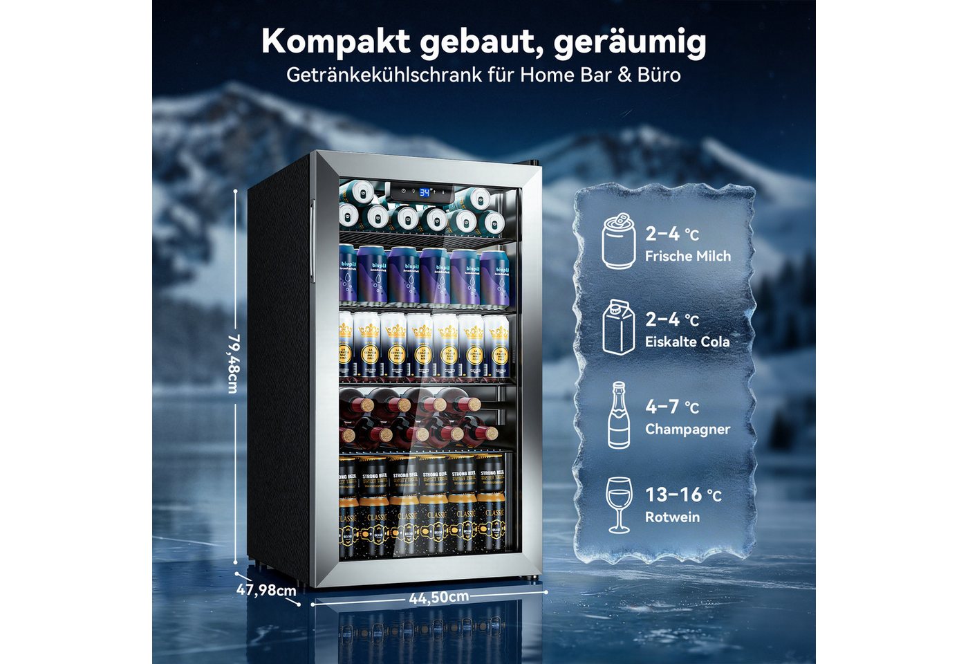 Furnicopia Getränkekühlschrank 86L, frostfrei mit Umluftkühlung, Doppelglastür, umkehrbarer Türanschlag für Zuhause, Büro und Bar YC-86, umkehrbare Tür, verstellbare Füße, Doppelverglasung, LED-Beleuchtung Bild 3