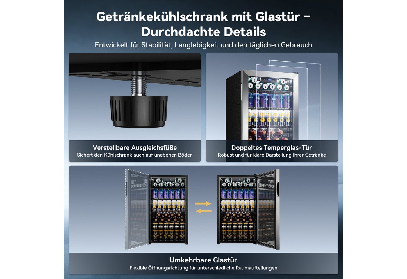 Furnicopia Getränkekühlschrank 86L, frostfrei mit Umluftkühlung, Doppelglastür, umkehrbarer Türanschlag für Zuhause, Büro und Bar YC-86, umkehrbare Tür, verstellbare Füße, Doppelverglasung, LED-Beleuchtung Bild 4