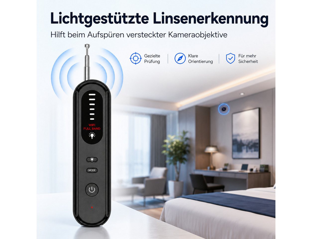 XEOOCE Überwachungskamera Zubehör Kamera-Detektor 4 in 1 RF-Signal & Objektivsuche Schwarz Bild 3