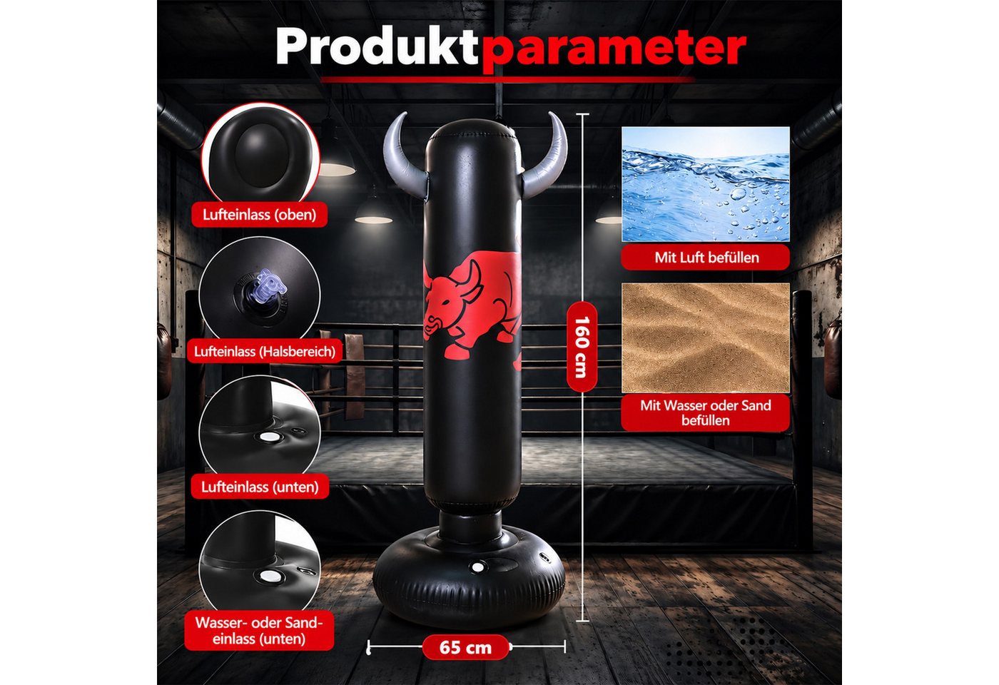 MOPUEA Standboxsack Aufblasbarer Standboxsack 360° Drehbar für Kinder Erwachsene Training (Aufblasbarer Boxsack mit Standfuß und 360° drehbarem Ziel für Training, Boxsack aus dickem PVC, Basis mit Wasser befüllbar und aufblasbar), 360° drehbar, reißfest, elastisch, stabilisierbar und stressabbauend.