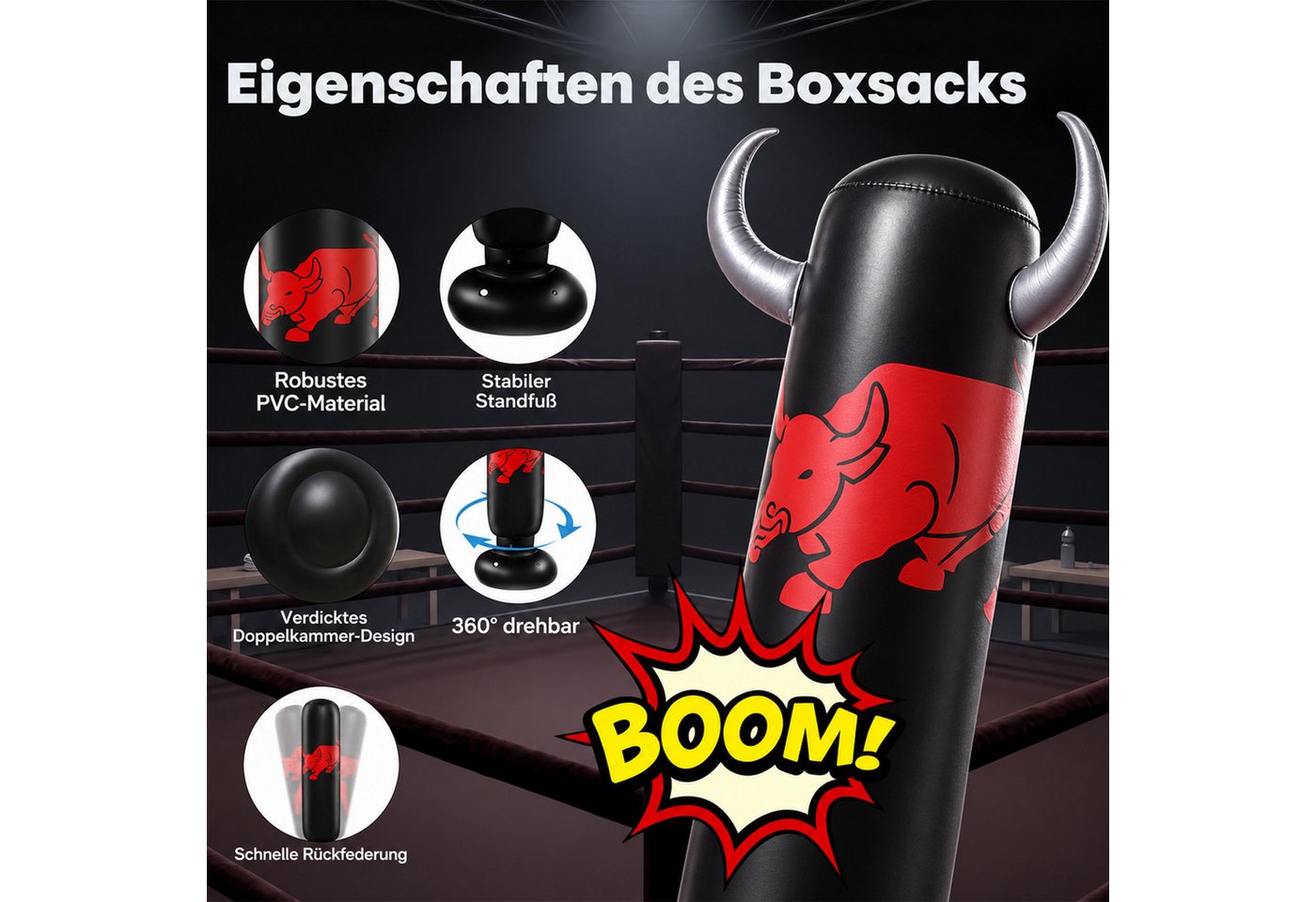 MOPUEA Standboxsack Aufblasbarer Standboxsack 360° Drehbar für Kinder Erwachsene Training (Aufblasbarer Boxsack mit Standfuß und 360° drehbarem Ziel für Training, Boxsack aus dickem PVC, Basis mit Wasser befüllbar und aufblasbar), 360° drehbar, reißfest, elastisch, stabilisierbar und stressabbauend. Bild 4