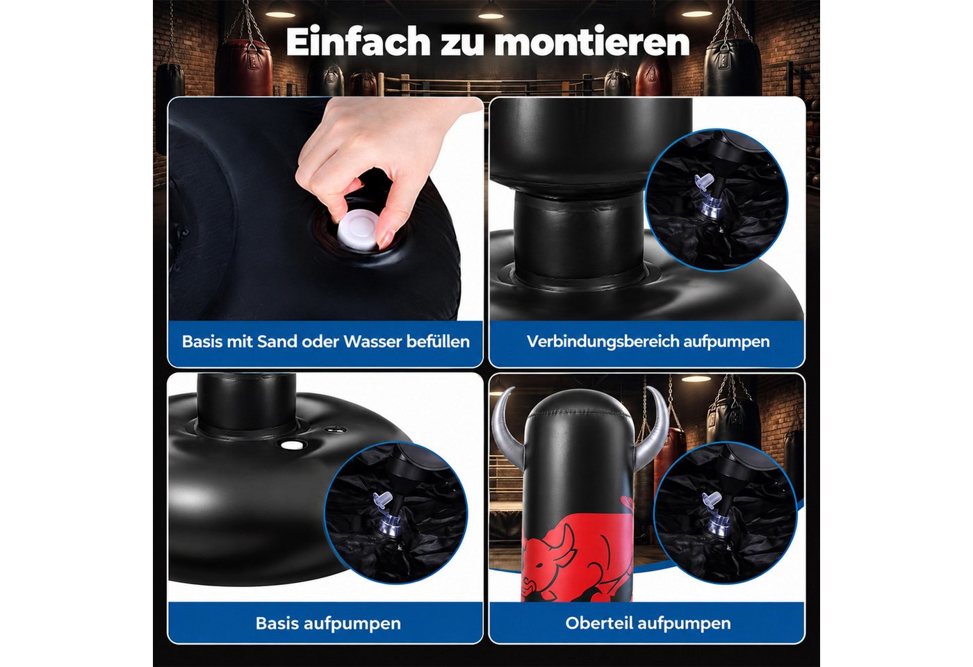 MOPUEA Standboxsack Aufblasbarer Standboxsack 360° Drehbar für Kinder Erwachsene Training (Aufblasbarer Boxsack mit Standfuß und 360° drehbarem Ziel für Training, Boxsack aus dickem PVC, Basis mit Wasser befüllbar und aufblasbar), 360° drehbar, reißfest, elastisch, stabilisierbar und stressabbauend. Bild 5