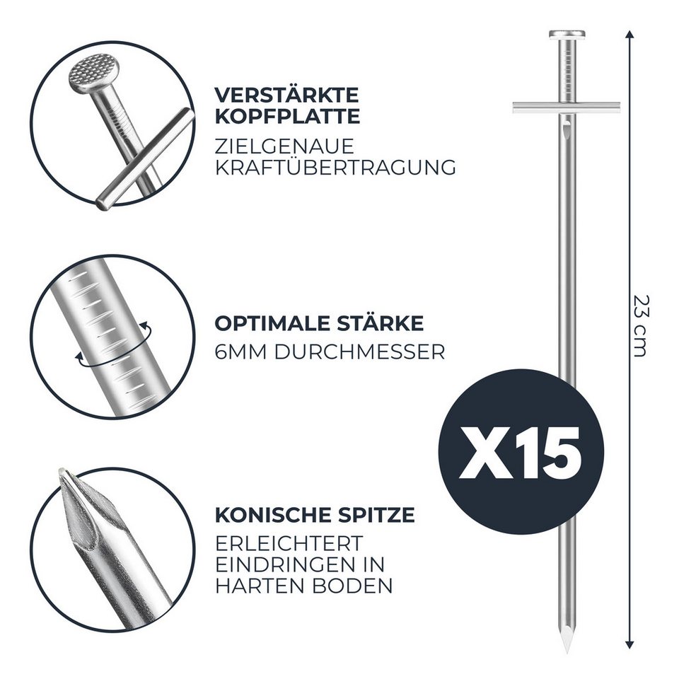 MOVOJA Zelthering 15x Zeltheringe 23cm - Innovativer Quergriff & Robuster Stahl, (15-St., T-cross design, Harter Boden Zeltheringe), Rostfrei, Wetterfest Bild 2