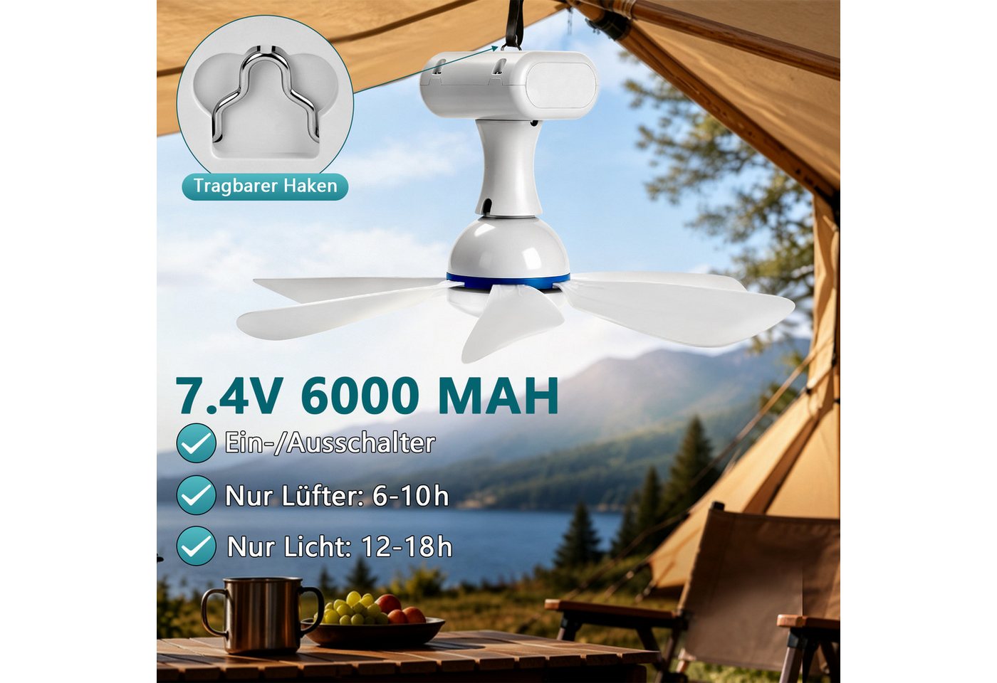 XERSEK Deckenventilator 13W Solarpanel & 6000mAh Akku Ventilator mit Dimmbar LED, Timer, FB, 3 Stufen Tragbarer Camping Deckenlampe mit Fan für Zelte Pavillon Bild 2