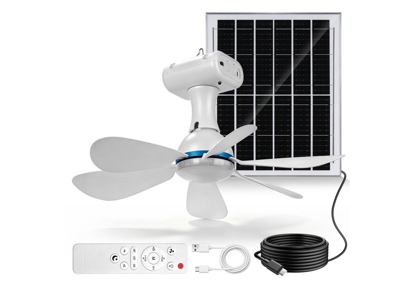 XERSEK Deckenventilator 13W Solarpanel & 6000mAh Akku Ventilator mit Dimmbar LED, Timer, FB, 3 Stufen Tragbarer Camping Deckenlampe mit Fan für Zelte Pavillon Bild 3