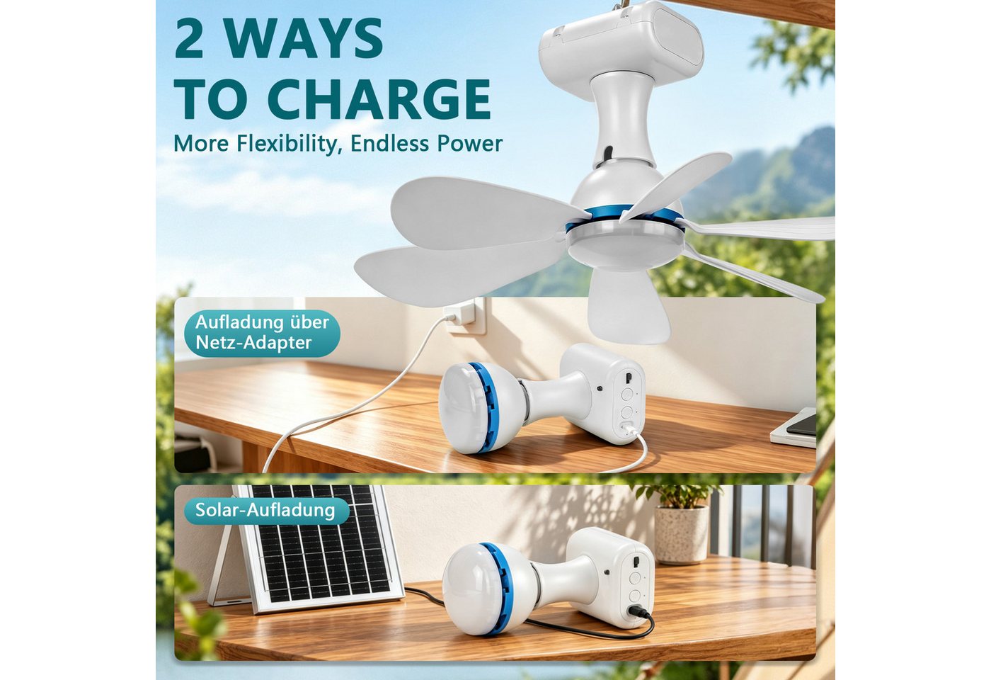 XERSEK Deckenventilator 13W Solarpanel & 6000mAh Akku Ventilator mit Dimmbar LED, Timer, FB, 3 Stufen Tragbarer Camping Deckenlampe mit Fan für Zelte Pavillon Bild 5