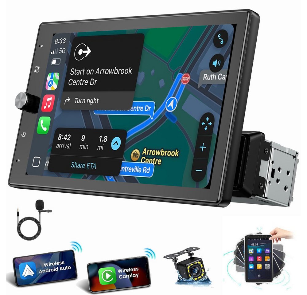 ESSGOO 10.4" 1DIN Autoradio CarPlay Android Auto Drehbarer Bildschirm Autoradio (RDS, AUX, FM, Single DIN, Wireless Carplay Android Auto Navi Bluetooth EQ)