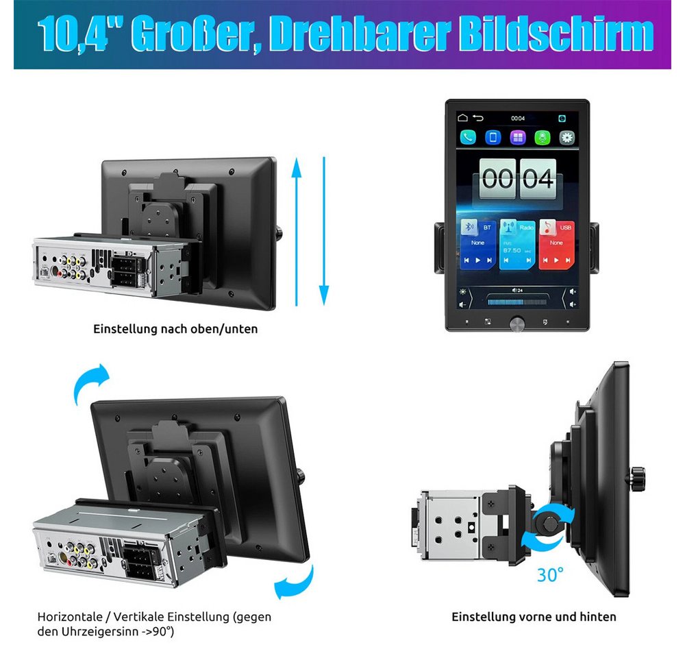 ESSGOO 10.4" 1DIN Autoradio CarPlay Android Auto Drehbarer Bildschirm Autoradio (RDS, AUX, FM, Single DIN, Wireless Carplay Android Auto Navi Bluetooth EQ) Bild 5