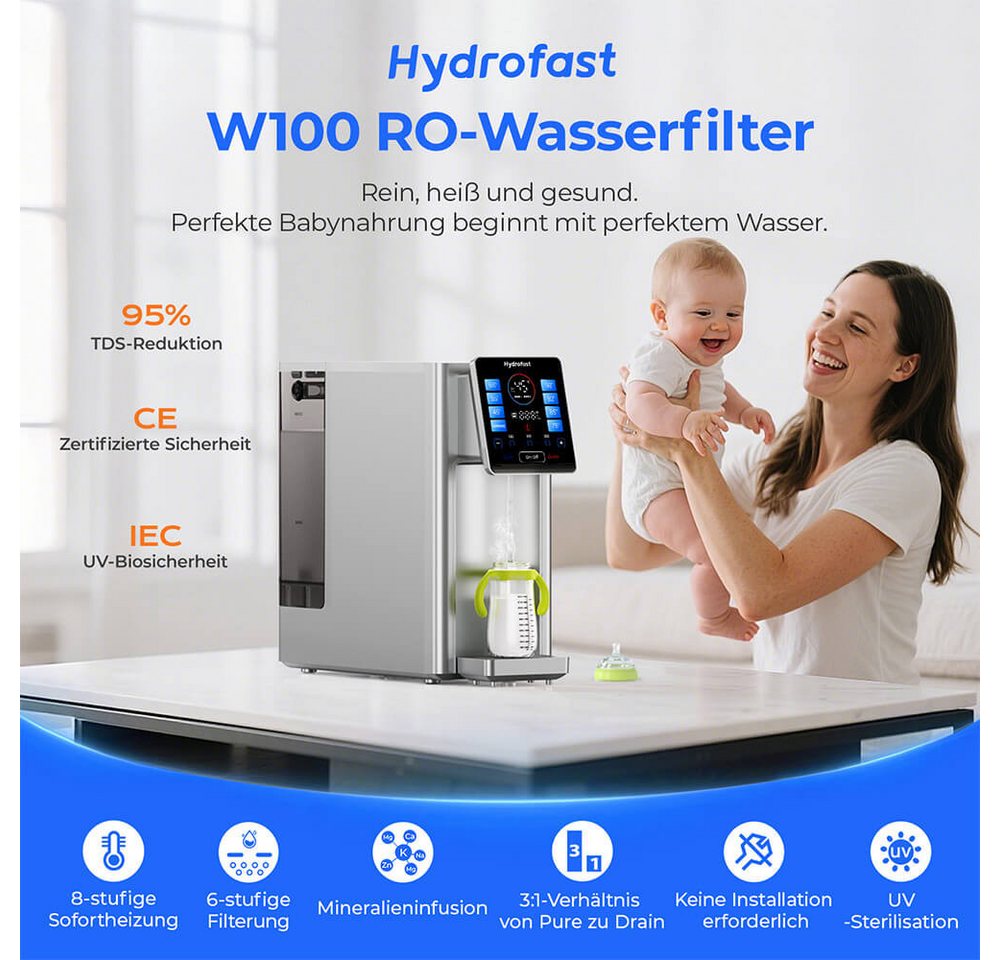 Hydrofast Wasserfilter W100 Tisch-Wasseraufbereiter mit Heiß- und Trinkwasser, Umkehrosmose, Zubehör für 92°C – Das Geheimnis für perfekten Kaffee., 8 Temperaturstufen, heißes Wasser in 3 Sekunden, 6-stufige Filterung Bild 2