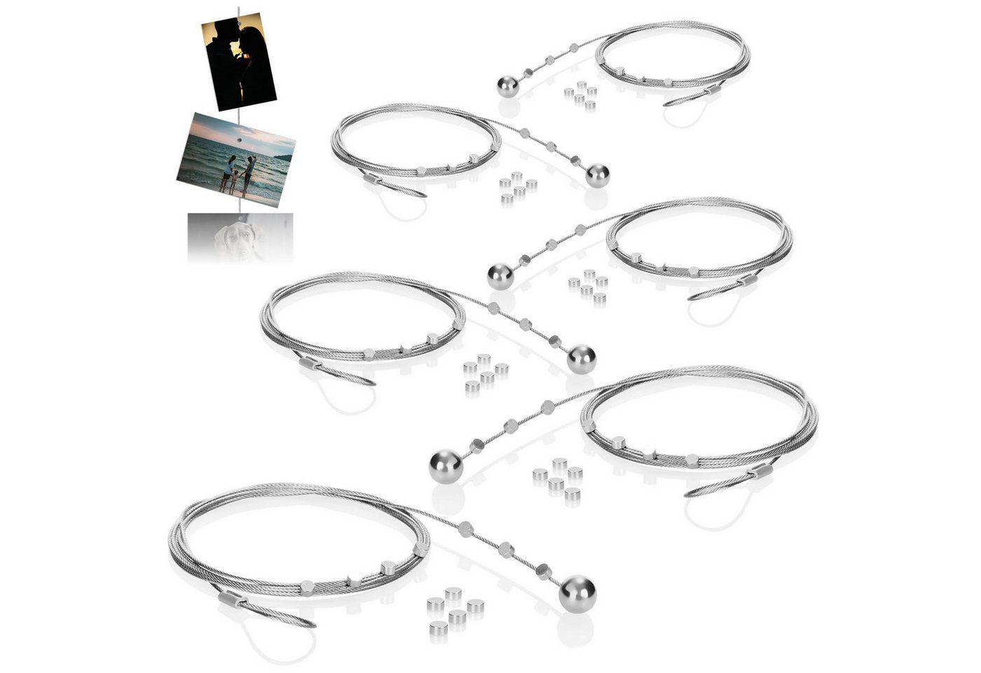 com-four Fotoseil Fotodrahtseil mit Magneten - 2 Meter Fotoleinen aus Metall (78-tlg), zum Aufhängen von Postkarten, Fotos und Notizen - Fotodraht Bild 2