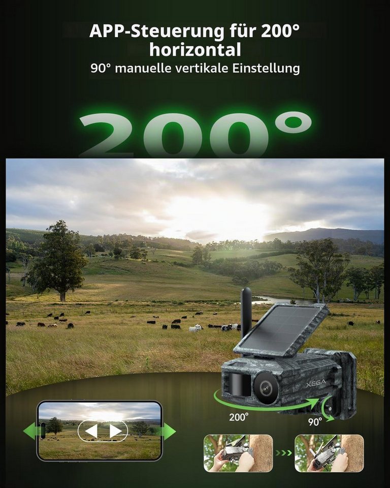 XEGA Überwachungskamera 4G LTE Solar Überwachungskamera mit SIM-Karte&2 Solarmodulen