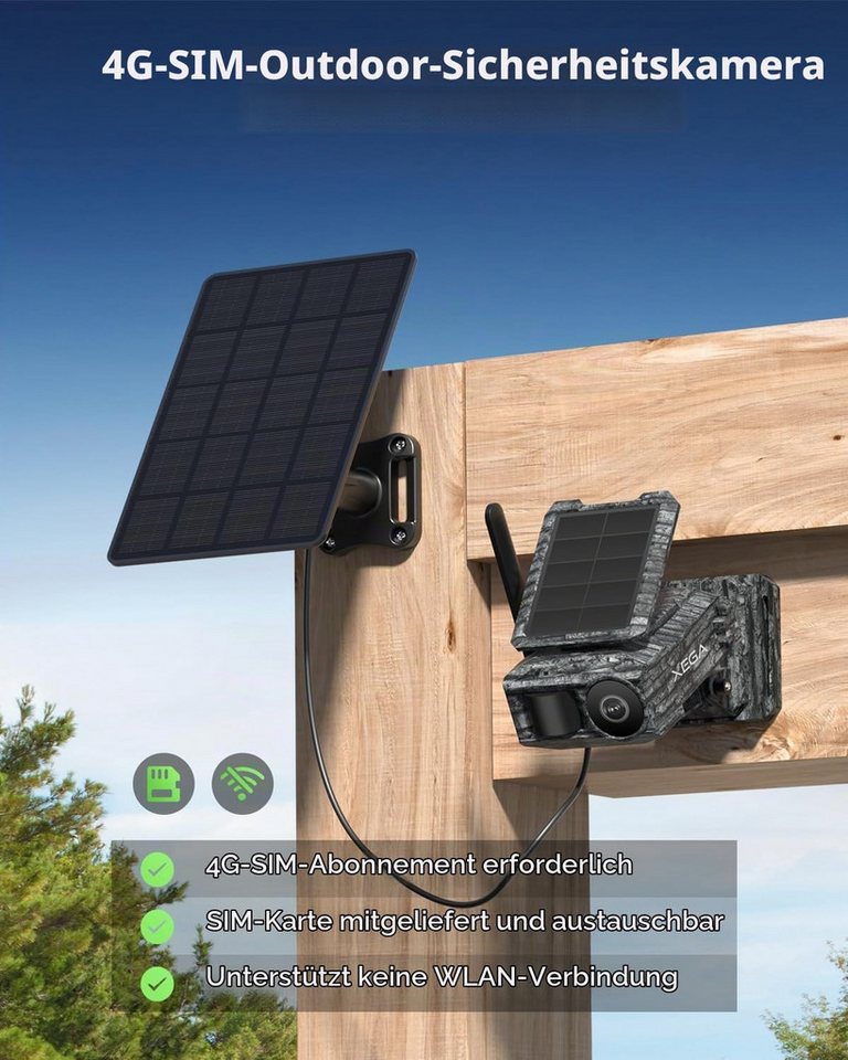 XEGA Überwachungskamera 4G LTE Solar Überwachungskamera mit SIM-Karte&2 Solarmodulen Bild 2